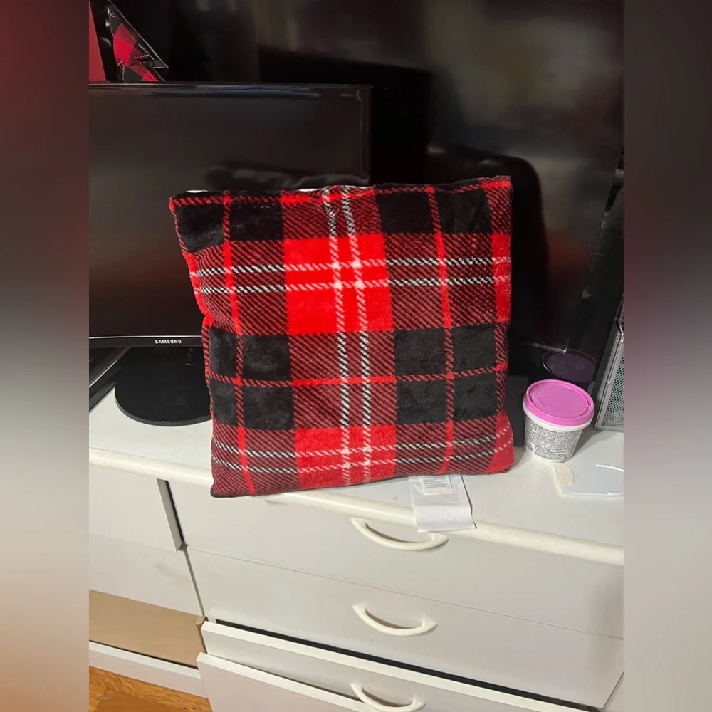 Fa La La La Pillow with Buffalo Plaid Print Back